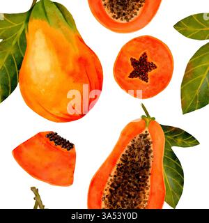 Wunderschöne und farbenfrohe Illustrationen von Papaya-Früchten zeigen ihre lebendigen Farben und reichen Texturen im Detail. Nahtloses Aquarellmuster für den Druck auf Stoff und Papier. Stockfoto