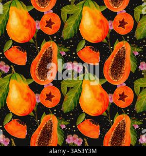 Lebendige Papayas und verschiedene Früchte bilden ein lebendiges tropisches Muster, das sich ideal für verschiedene Designanwendungen eignet. Nahtloses Aquarellmuster für den Druck auf Stoff und Papier. Stockfoto