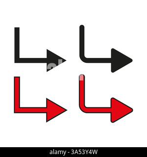 Pfeildrehung eingestellt. Schwarze und rote Symbole. Symbole für minimale Richtung. Vektorabbildung. Stock Vektor