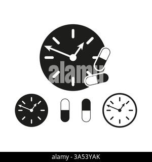 Symbol für Uhr und Pille. Zeitsymbol der Medizin. Erinnerungsgrafik für das Gesundheitswesen. Schwarzer Vektorsatz. Stock Vektor