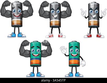 Vektor-Illustration von Zeichentrickbatterien mit muskulösen Armen, lebhaften Farben und verspielten Ausdrücken. Ideal für energieorientierte Designs Stock Vektor