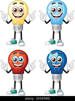 Vektor-Illustration von vier lebendigen Zeichentricklampen-Charakteren mit ausdrucksstarken Gesichtern und verspielten Posen Stock Vektor