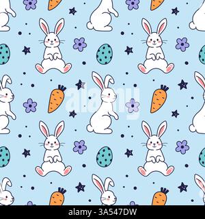 Nahtloses Muster mit Happy Easter Doodle. Vektor süße Charaktere und Designelemente - Eier, Häschen, Kaninchen, Huhn, Frühlingsblumen, Schmetterlinge, Herzen, Sterne. Handgezeichnete Doodle-Illustration Stock Vektor