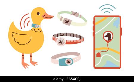 PET GPS-Tracker. GPS-Ortung für Ente, Gans. Ein Smartphone mit einer Karte zeigt die Bewegungen von Haustieren an. Eine App zur Verfolgung von Haustieren. Abbildung der Vektorabwicklung ein Stock Vektor