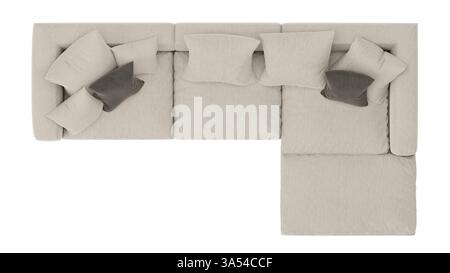 Elegantes beigefarbenes Sofa, fotografiert von oben, mit stilvollem Arrangement aus Kissen und Dekor. Perfekt für die Inspiration von Innenarchitektur, Stockfoto