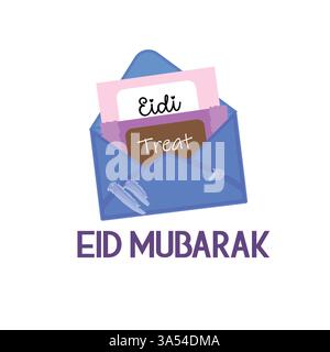 EID Mubarak Eidi Geschenk – Blauer Umschlag mit Leckerli und Segen Stock Vektor