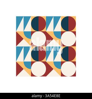Ein auffälliges geometrisches Muster im Bauhaus-Stil mit Kreisen, Dreiecken und kontrastierenden Farbkombinationen. Eine strukturierte, aber verspielte Komposition mit Stock Vektor