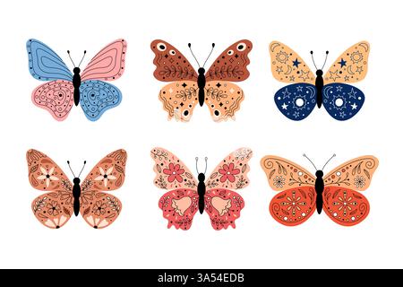 Schmetterlinge mit floralem, botanischem und abstraktem Ornament auf Flügeln. Verschiedene Insekten isolierte Abbildung von oben. Schwarzer Konturvektor für Schmetterlinge Stock Vektor