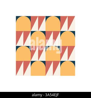 Geometrisches nahtloses Bauhaus-Muster mit Bögen und Dreiecken in Retro-Farbpalette. Geometrisches Retro-Design in warmen Farben. Ideal für Hintergründe Stock Vektor