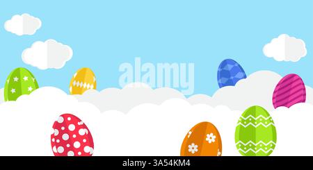 Heller osterrand mit bunten Eiern und Wolken aus Papier. Hintergrund der Osterfeier Stock Vektor