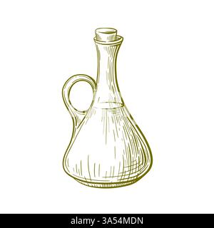 Glasflasche. Vektorskizze. Organisches Öl. Gravur Illustration im Vintage-Skizzenstil. Objekt auf weißem Hintergrund isoliert. Gesundes vegetarisches Produkt Stock Vektor