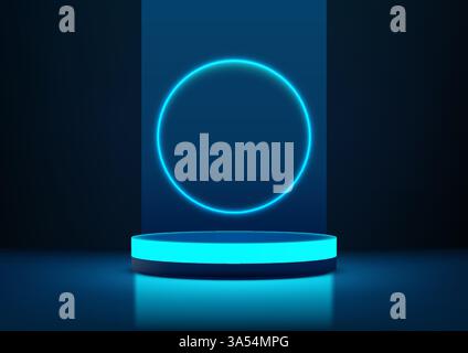 Futuristische Szene ein leuchtender blauer Kreis auf dunklem Hintergrund, zentriert auf einer runden Plattform mit passendem blauem Licht. Minimalistische und moderne Technologie c Stock Vektor