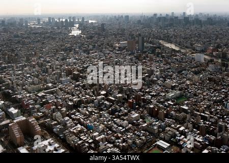 Panoramablick auf die endlose Zersiedelung der Metropolstadt Tokio vom Gipfel des Tokio Skytree in Sumida Ward, Tokio, Japan. Stockfoto