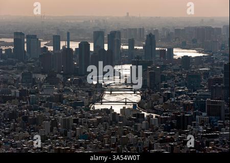 Panoramablick auf die endlose Zersiedelung der Metropolstadt Tokio vom Gipfel des Tokio Skytree in Sumida Ward, Tokio, Japan. Stockfoto