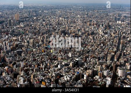 Panoramablick auf die endlose Zersiedelung der Metropolstadt Tokio vom Gipfel des Tokio Skytree in Sumida Ward, Tokio, Japan. Stockfoto