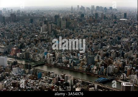 Panoramablick auf die endlose Zersiedelung der Metropolstadt Tokio vom Gipfel des Tokio Skytree in Sumida Ward, Tokio, Japan. Stockfoto