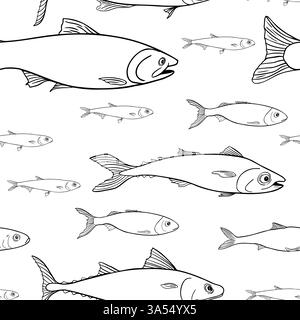 Schule der Meeresfische schwarz-weiß Vektor nahtlose Muster. Lachs, Sardellen-Umriss von Hand gezeichnet. Hering, Makrele Zeichnung auf wiederholtem Hintergrund. Schwarm von Stock Vektor