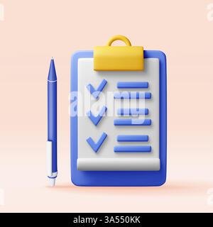 3D-Clipboard-Halter mit Checklistensymbol und Stift Stock Vektor