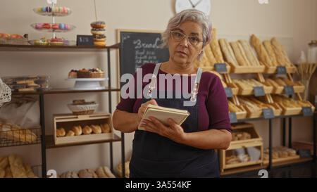 Frau mittleren Alters macht Notizen in einer Bäckerei, umgeben von verschiedenen Broten und Gebäck, mit einem ernsten Ausdruck und mit Brille Stockfoto