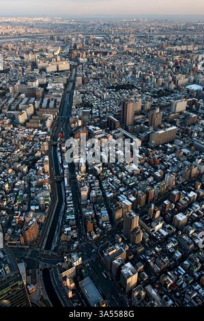 Panoramablick auf die endlose Zersiedelung der Metropolstadt Tokio vom Gipfel des Tokio Skytree in Sumida Ward, Tokio, Japan. Stockfoto