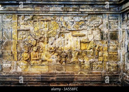 BAS-Reliefs, buddhistischer Tempel von Borobudur, Java Stockfoto