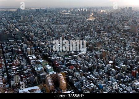 Panoramablick auf die endlose Zersiedelung der Metropolstadt Tokio vom Gipfel des Tokio Skytree in Sumida Ward, Tokio, Japan. Stockfoto