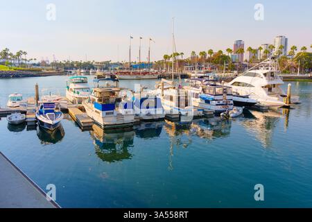 Long Beach, Kalifornien - 11. Januar 2025: Eine lebhafte Ansammlung von Booten, die am Rainbow Harbor in Long Beach angedockt werden, bietet verschiedene Größen und Stile unter Stockfoto