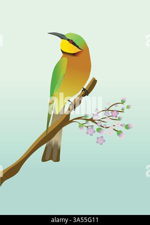 Eine Illustration eines kleinen Bienenfressers. Der Vogel steht auf einem Zweig mit rosa Blüten. Stock Vektor
