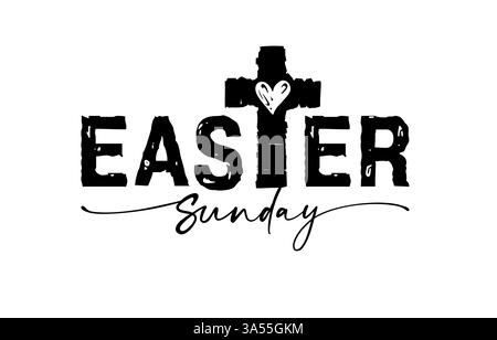 Ostersonntag kreative, kühne Typografie mit Grunge-Kreuz. Schwarz-weiß-Design. T-Shirt Grafik Konzept. Einladungsvorlage für den Gottesdienst. Stock Vektor
