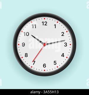 Wanduhr mit Zeigern und weißem Zifferblatt mit Ziffern auf hellem Hintergrund. Vektor-3D-Illustration. Stock Vektor