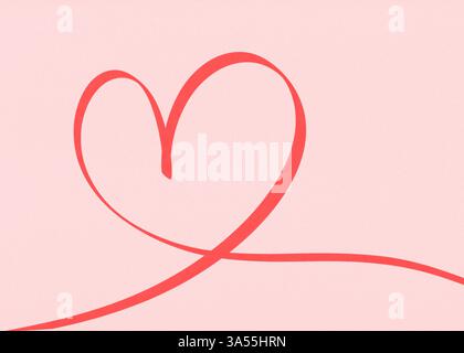 Linienzeichnung einer Herzform in roter Farbe. Love-Schild-Banner. Rosafarbenes Banner mit romantischem Herz für Grußkarte. Illustration des Kritzelvektors. Stockfoto