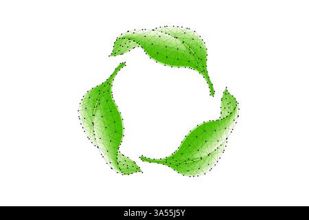 Recycling-Symbol auf blauem Hintergrund. Biologisch abbaubare Verpackung, grünes Blatt, Recyclingkonzept Stock Vektor