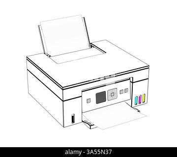 Skizze eines modernen All-in-One-Farbdruckers auf weißem Hintergrund Stockfoto
