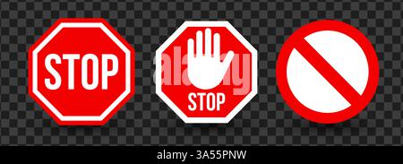 Stoppschild-Symbol und Verbotsschild. Standard-Stopptext, Stoppschild Handgeste, kein Eingabesymbol. Emblem für Verkehrssicherheit, Warnsignal, Einschränkung Stock Vektor