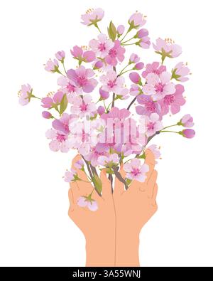 Strauß von rosa Sakura-Blüten in den Händen. Muttertagskarte. Blumen als Geschenk an geliebte Eltern als Zeichen des Respekts und Dankes. Kirschblüten. Stock Vektor