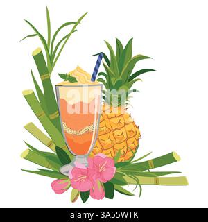 Vektorkomposition mit erfrischendem Cocktail, Ananas und tropischen Blumen. Eis Illustration für Strandbar Menü. Kreuzfahrtferien, Sommerferien, Party, Café, Urlaub. Stock Vektor