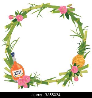 Runder Vektor-Rahmen mit Flasche Rum, Ananas und Blumen. Vorlage mit Platz für Text für tropischen Urlaub. Illustration für Strandbar-Menü. Kreuzfahrtferien, Sommerferien, Party, Café. Stock Vektor