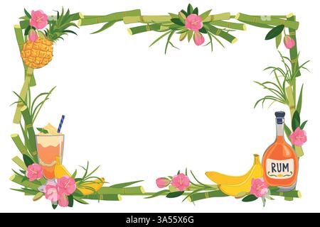 Horizontaler Vektor-Rahmen mit Rumflasche, Ananas, Banane und Blumen. Illustration für Strandbar-Menü. Kreuzfahrtferien, Sommerferien, Party, Café. Stock Vektor