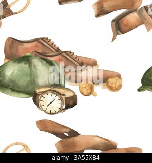 Gentlemen Accessoires nahtloses Muster mit ledernen Büroschuhen, Gürtel und Uhr Aquarellillustration. Handgezeichneter Hipster-Hintergrund in brauner Farbe Stockfoto