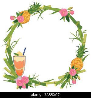 Runder Vektor-Rahmen mit erfrischendem Cocktail, Ananas und tropischen Blumen. Kranz aus Zuckerrohr, rosafarbenem Hibiskus, Eis und Obst für die Strandbar. Kreuzfahrturlaub, Sommerferien. Stock Vektor