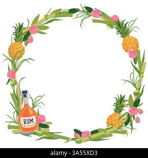 Runder Vektor-Rahmen mit Flasche Rum, Ananas und Blumen. Vorlage mit Platz für Text für tropischen Urlaub. Illustration für Strandbar-Menü. Kreuzfahrtferien, Sommerferien, Party, Café. Stock Vektor