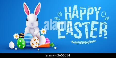 Osterplakat und Banner Vorlage mit Osterhase und Eiern auf hellblauem Hintergrund. Werbeaktion und Einkaufsvorlage für Ostern. Vektorabbildung Stock Vektor