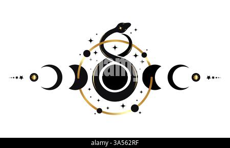 Mondphasen-Rahmen und mystische Schlange, Wikka-Banner Himmelszeichen. Dreifacher Mond, heidnisches Wiccan-Göttin-Symbol, heilige Geometrie, Rad des Jahres Stock Vektor