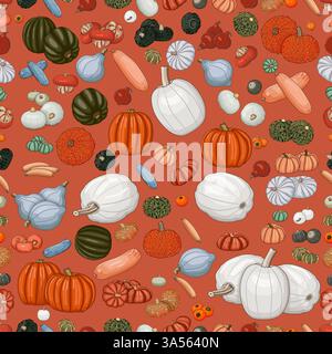 Nahtloses Muster mit Arten von Winterkürzel. Cucurbita maxima. Cucurbitaceae. Obst und Gemüse. Isolierte Vektordarstellung. Art. Stock Vektor