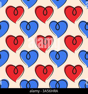Nahtloses Muster handgezeichneter roter und blauer Herzen, schwarz umrandet, auf beigefarbenem Hintergrund. Abstrakter Stil ideal für Valentinstag, Geschenkverpackung, Tapeten, Modeschmucke, Textilien, Schreibwaren. Stock Vektor