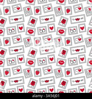 Verspieltes und romantisches Muster mit Briefmarken mit verschiedenen Liebessymbolen. Doodle-Stil, Vintage Liebesbriefe, romantische Postkarten. Perfekt für Valentinskarten, Geschenkpapier, romantische Projekte. Stock Vektor