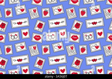 Verspieltes und romantisches Muster mit Briefmarken mit verschiedenen Liebessymbolen. Doodle-Stil, Vintage Liebesbriefe, romantische Postkarten. Perfekt für Valentinskarten, Geschenkpapier, romantische Projekte. Stock Vektor
