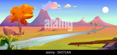 Vulkanische Landschaft mit Fluss und Herbstbaum - Karikaturvektor Illustration Stock Vektor