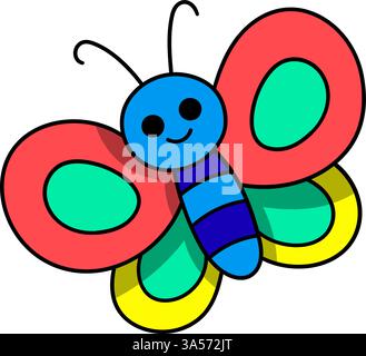 Eine helle und fröhliche Schmetterlingsillustration mit leuchtenden roten, blauen, grünen und gelben Flügeln, mit einem süßen lächelnden Gesicht Stock Vektor