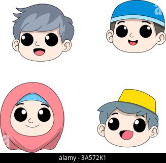 Eine Sammlung entzückender muslimischer Kindergesichter im Cartoon-Stil mit hellen Augen, fröhlichem Lächeln und traditionellen islamischen Kopfbedeckungen wie einem Hijab Stock Vektor